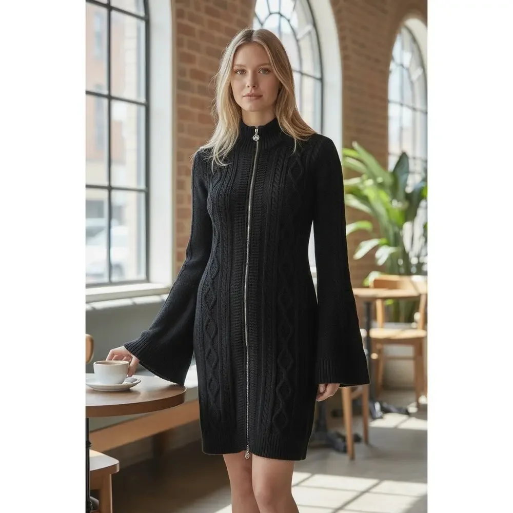 Tory Burch Dress Womens‎ XS Black Pure Merino Wool Bell Cable Zip Cardigan Goth